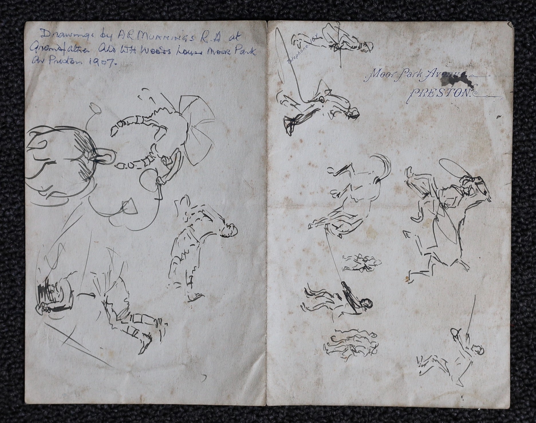 Sir Alfred Munnings (1878-1959), Sketches for Alderman William Henry Woods, 1907, ink on letterhead paper, 18 x 22 cm